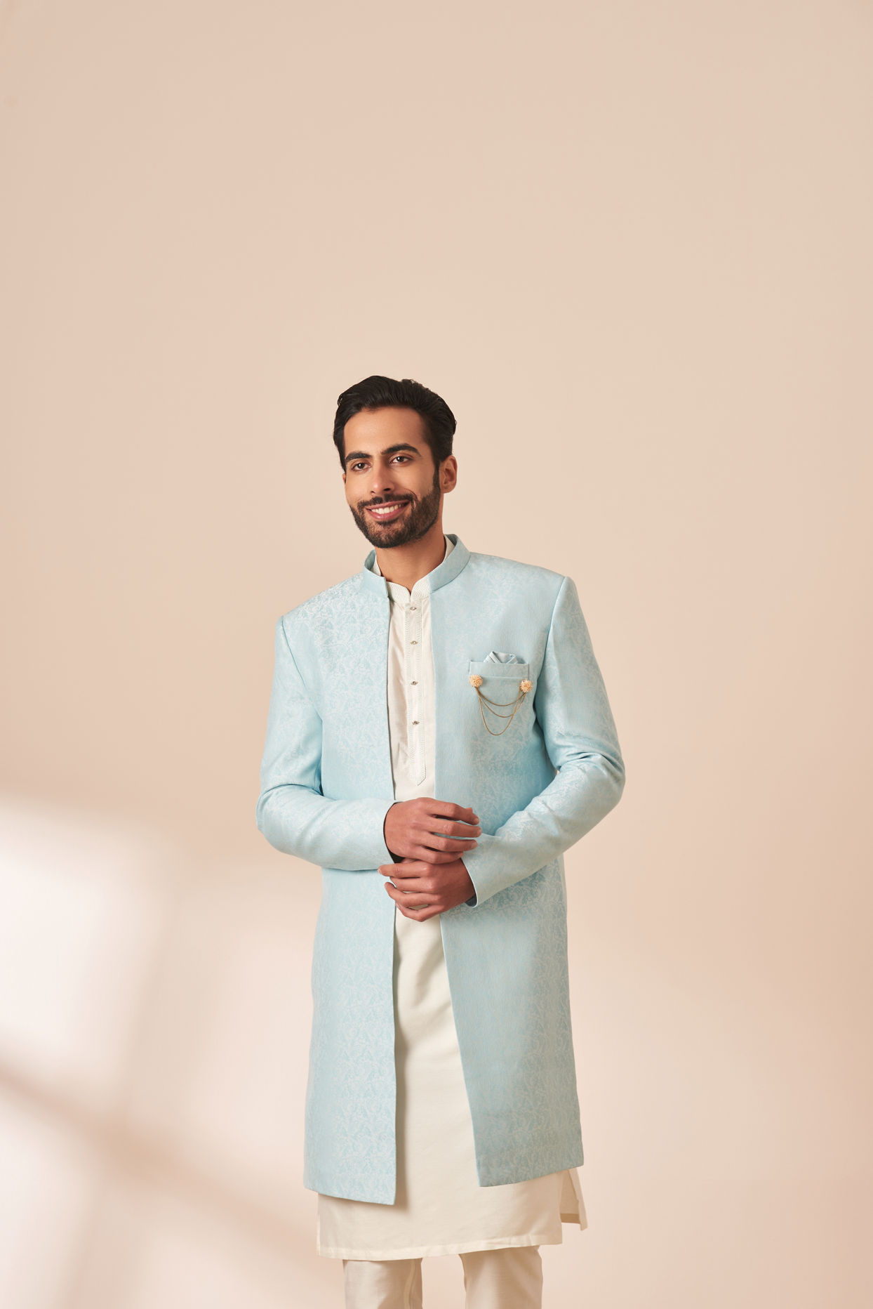 alt message - Manyavar Men Pastel Blue Jacket Style Indo Western image number 0